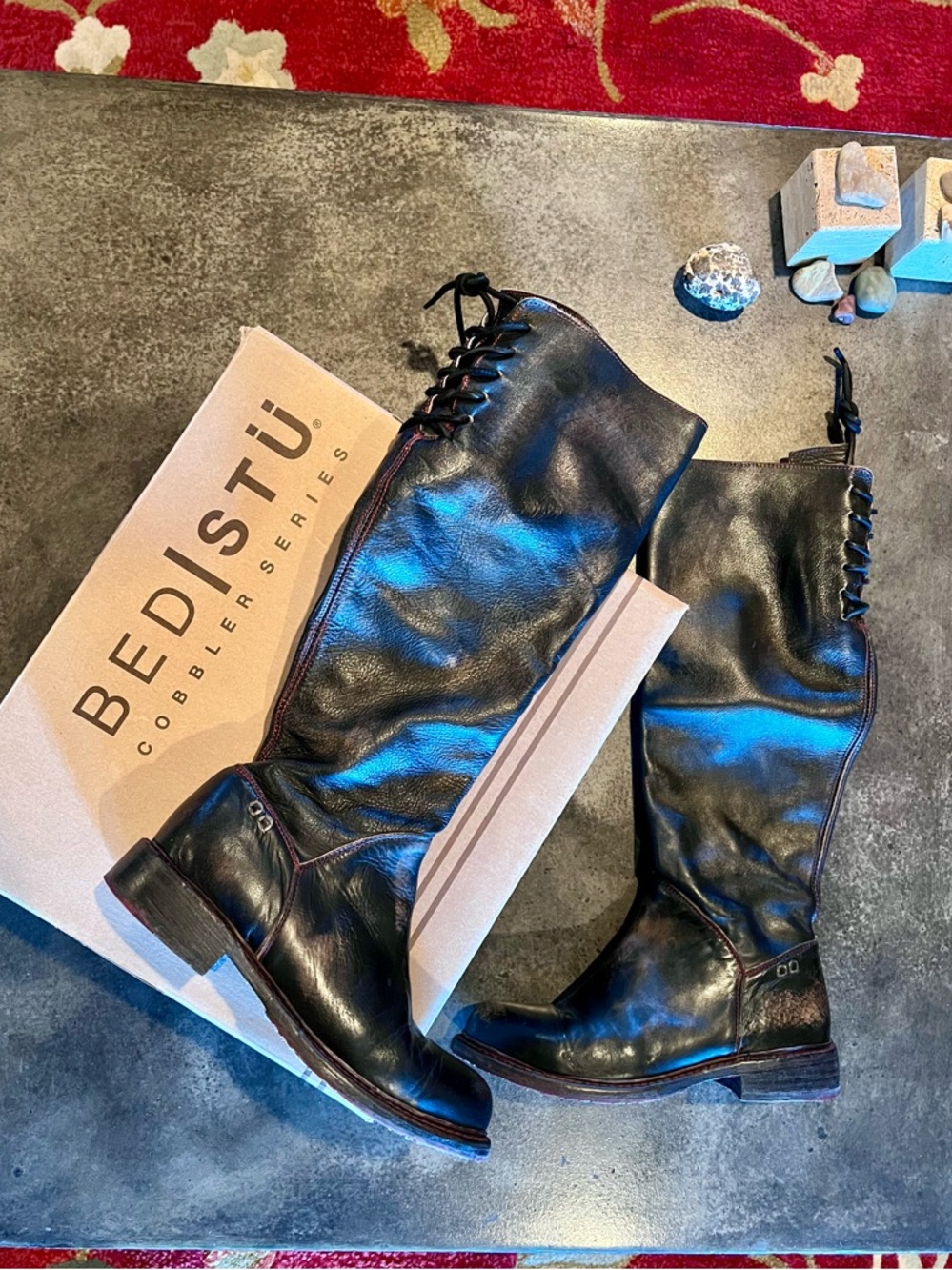 BED|STU Black Leather Knee-High Lace-Up Boots with Red Sole